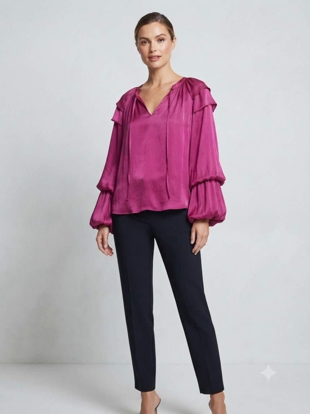Dark Magenta V-Neck Blouse with Ruffled Tiered Balloon Sleeve In Fuchsia XS